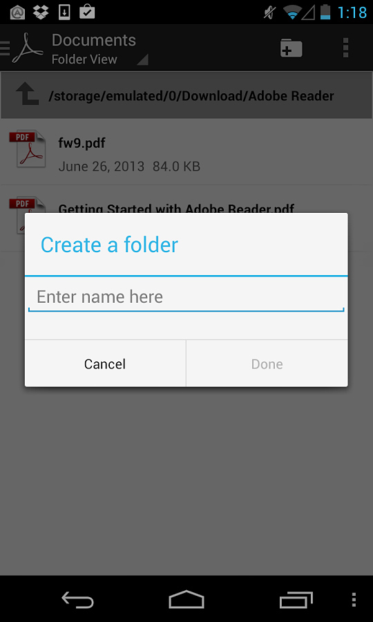 Adobe Reader for Android in 2013 – Create a folder
