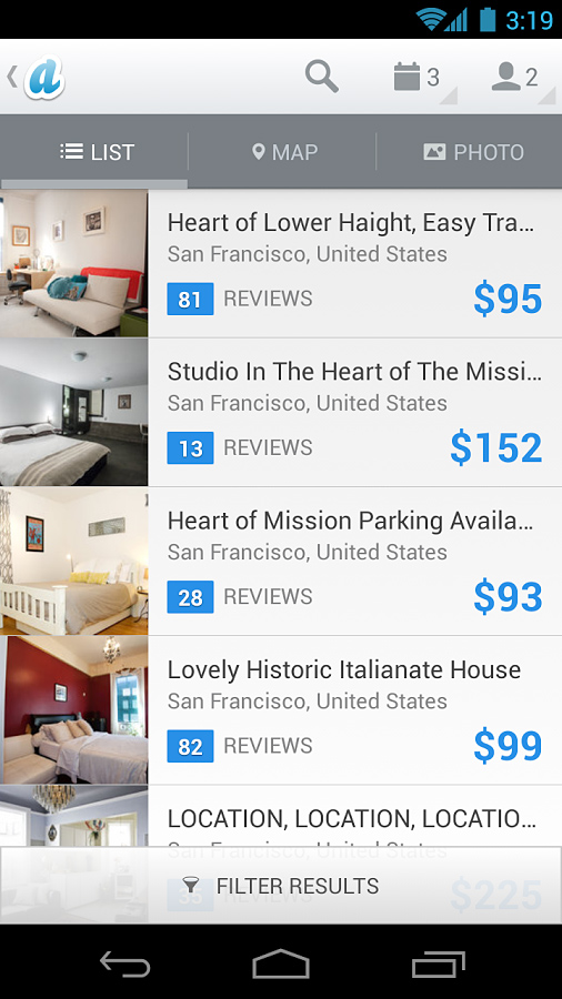 Airbnb for Android in 2013 – List