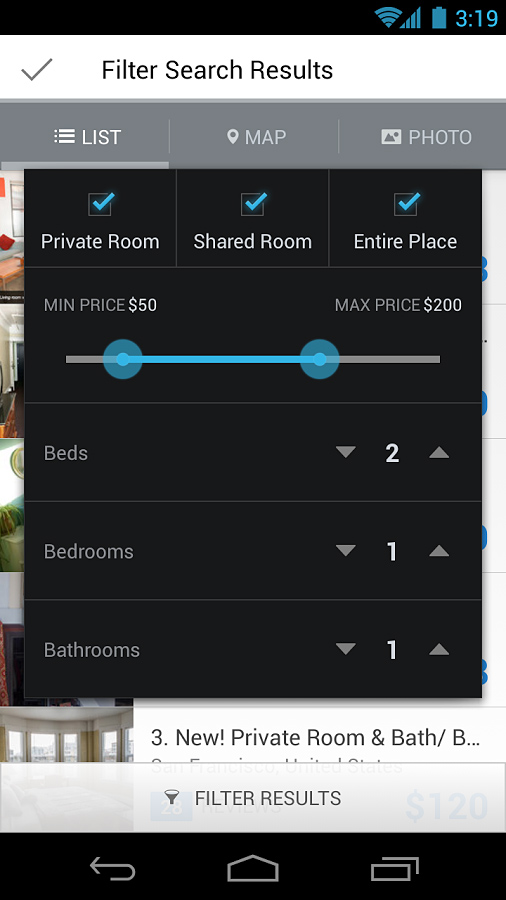 Airbnb for Android in 2013 – Filter Search Results