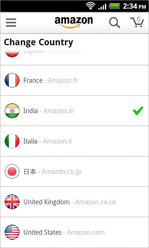 Amazon for Android in 2013 – Change country