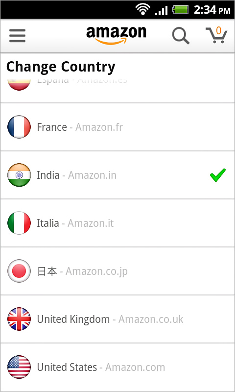 Amazon for Android in 2013 – Change country