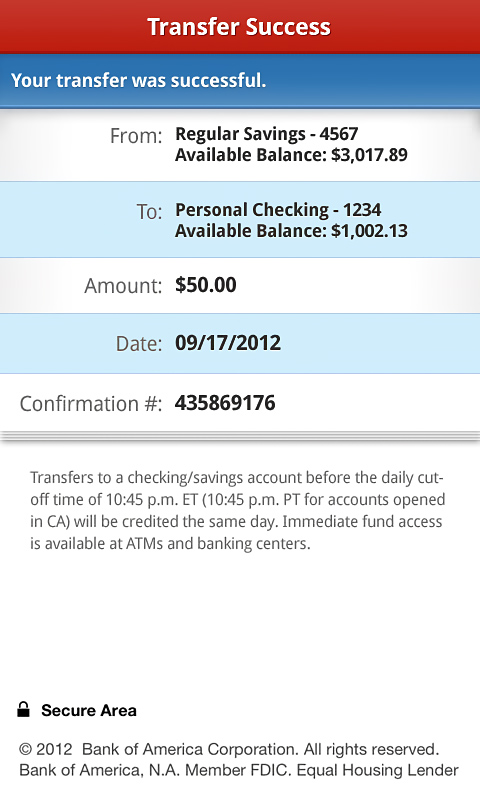 Bank of America for Android in 2013 – Transfer Succes