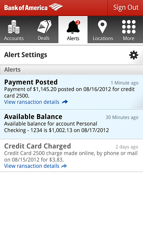 Bank of America for Android in 2013 – Alerts