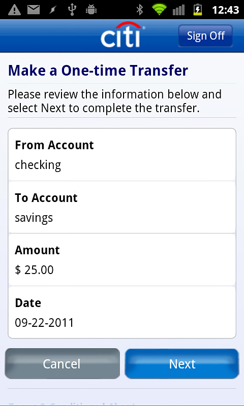 Citi Mobile (SM) for Android in 2013 – Make a One-time Transfer