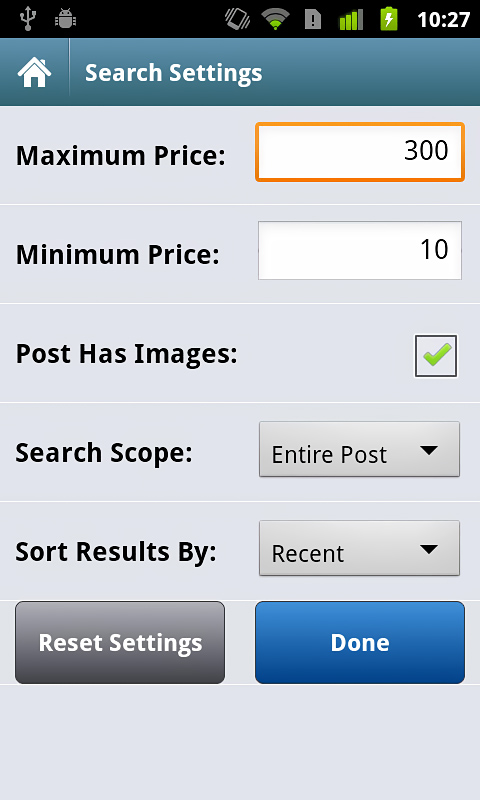 Craigslist Mobile for Android in 2013 – Search settings