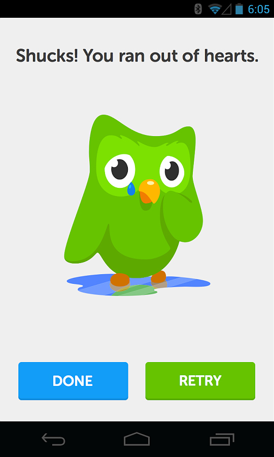 Duolingo for Android in 2013 – Shucks! You ran out of hearts.