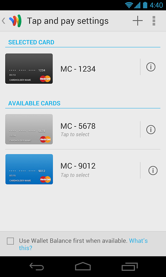 Google Wallet for Android in 2013 – Tap and pay settings