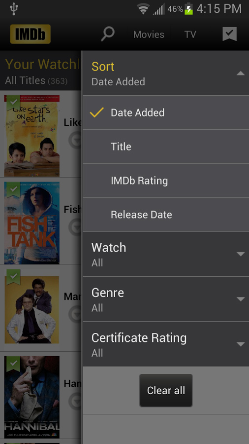 IMDb for Android in 2013 – Sort