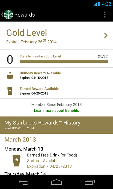 Starbucks for Android in 2013 – Rewards – Gold Level