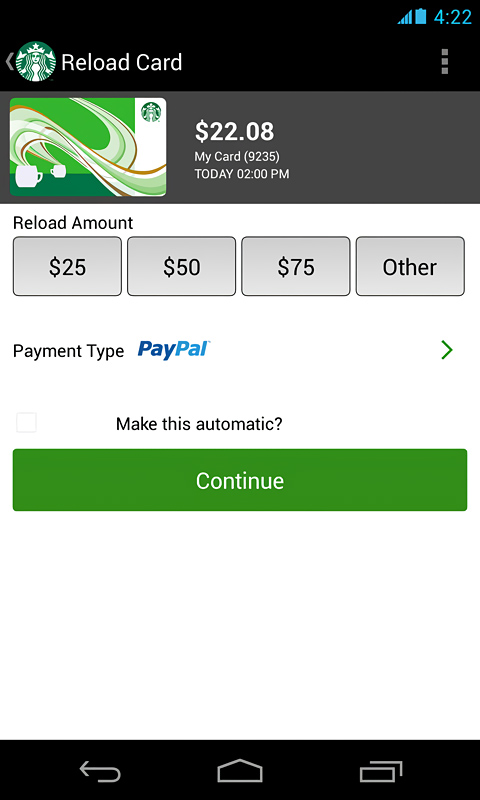 Starbucks for Android in 2013 – Reload Card