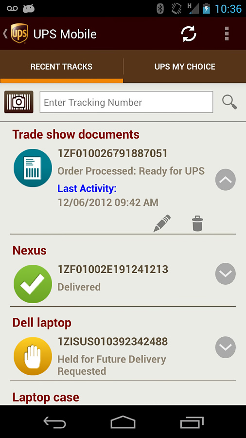 UPS Mobile for Android in 2013 – Recent Tracks