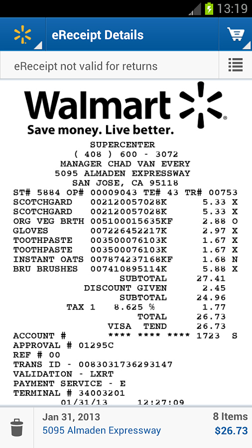 Walmart for Android in 2013 – eReceipt Details