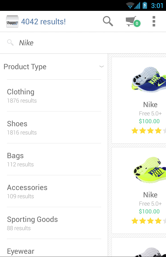 Zappos for Android in 2013 – Search Results
