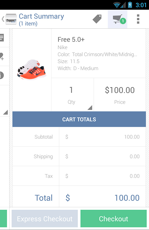 Zappos for Android in 2013 – Cart Summary