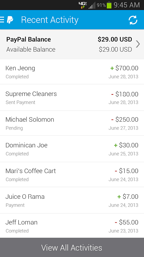 PayPal for Android in 2014 – Recent Activity