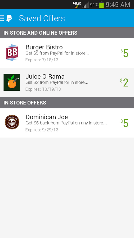 PayPal for Android in 2014 – Saved Offers