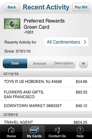 American Express for iPhone in 2010 – Recent Activity