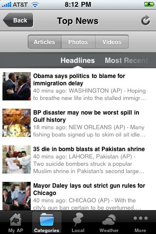 AP Mobile for iPhone in 2010 – Categories