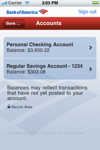 Bank of America for iPhone in 2010 – Accounts