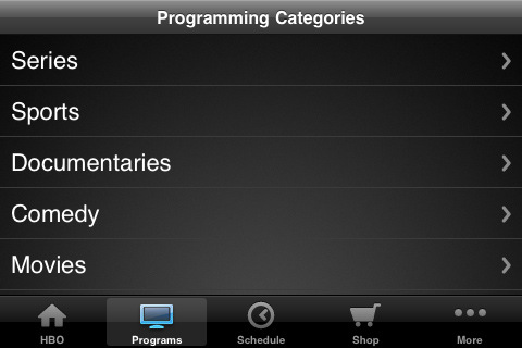 HBO for iPhone in 2010 – Programming Categories