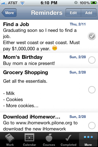 iHomework for iPhone in 2010 – Reminders