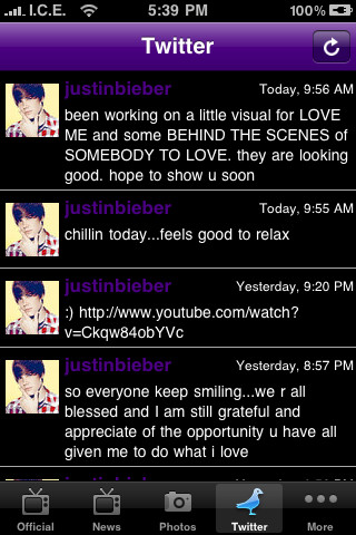 Justin Bieber Channel for iPhone in 2010 – Twitter