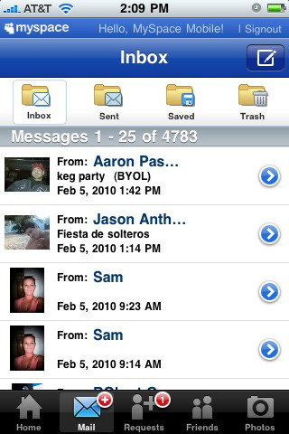 MySpace for iPhone in 2010 – Inbox