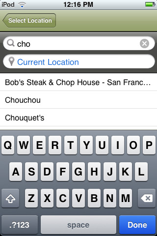 OpenTable for iPhone in 2010 – Select Location