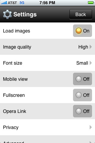 Opera Mini Web browser for iPhone in 2010 – Settings