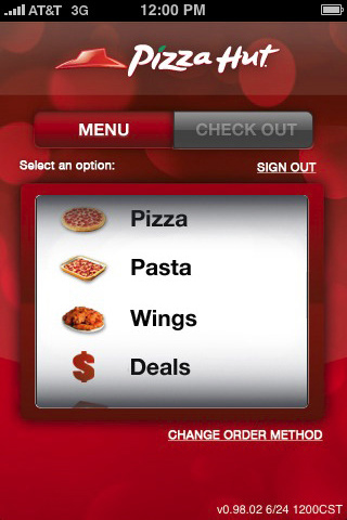 Pizza Hut for iPhone in 2010 – Menu