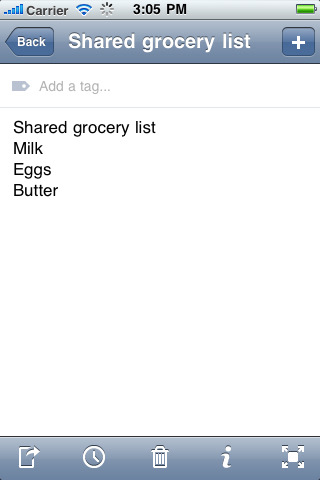 Simplenote for iPhone in 2010 – Shared grocery list