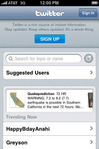 Twitter for iPhone in 2010 – Sign Up