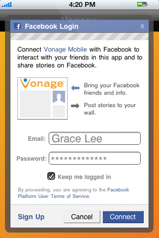 Vonage Mobile for Facebook for iPhone in 2010