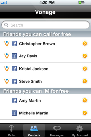 Vonage Mobile for Facebook for iPhone in 2010 – Contacts