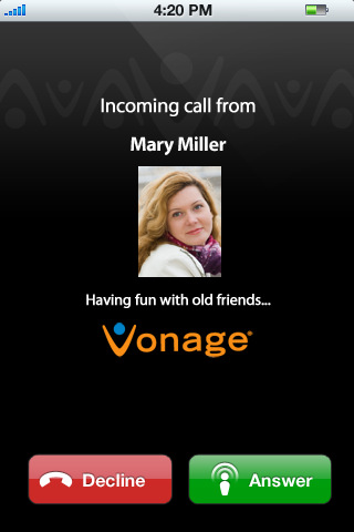 Vonage Mobile for Facebook for iPhone in 2010 – Incoming Call