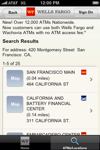 Wells Fargo Mobile for iPhone in 2010 – ATMs/Locations