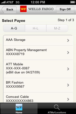 Wells Fargo Mobile for iPhone in 2010 – Select Payee