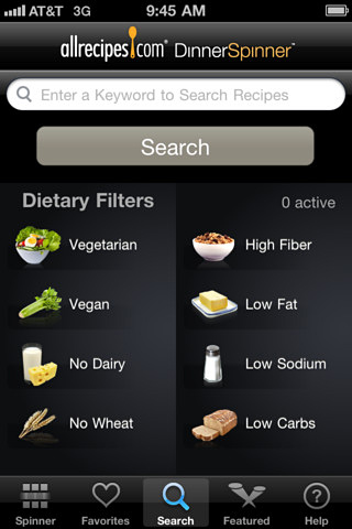 Allrecipes.com Dinner Spinner for iPhone in 2011 – Search