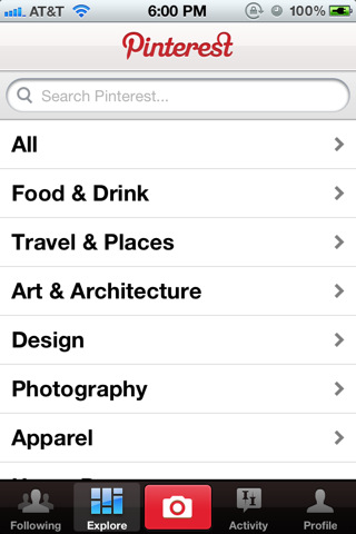 Pinterest for iPhone in 2011 – Explore