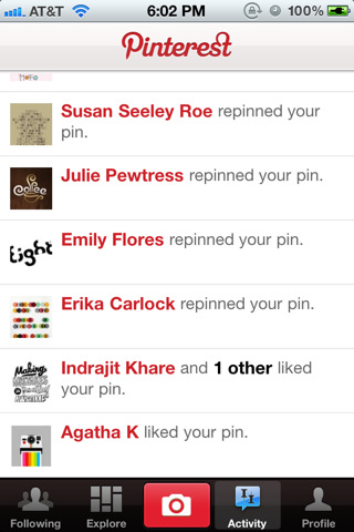 Pinterest for iPhone in 2011 – Activity