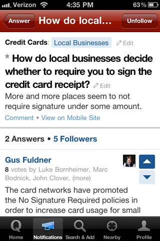 Quora for iPhone in 2011 – Notifications