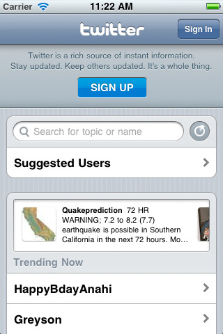 Twitter for iPhone in 2011 – Sign Up