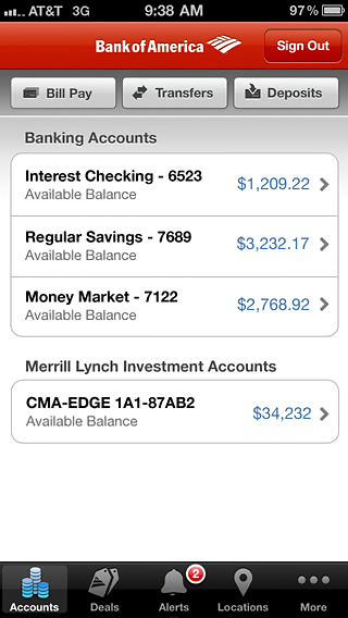 Bank of America for iPhone in 2013 – Accounts
