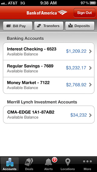 Bank of America – Mobile Banking for iPhone in 2013 – Accounts