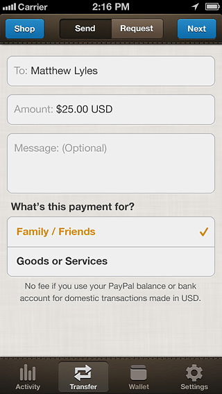 PayPal for iPhone in 2013 – Transfer