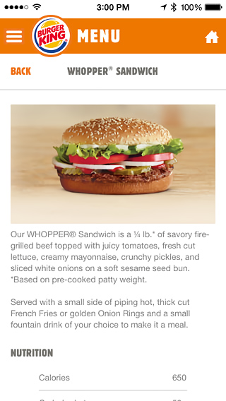 Burger King for iPhone in 2014 – Menu