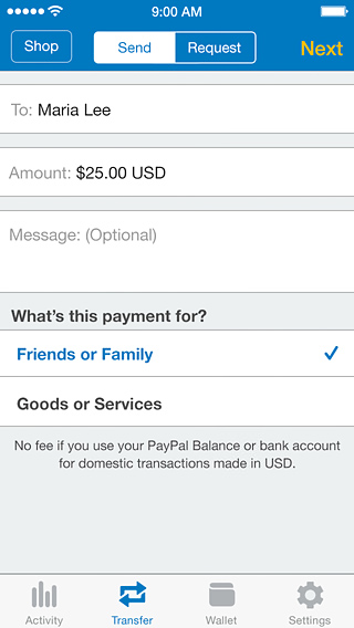 PayPal for iPhone in 2014 – Transfer