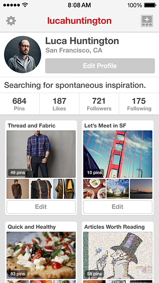Pinterest for iPhone in 2014 – Profile