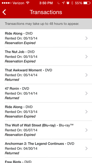 Redbox for iPhone in 2014 – Transactions