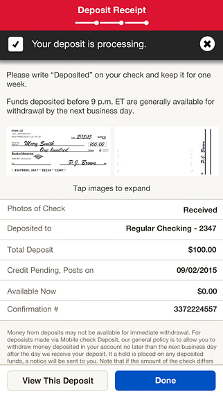 Bank of America - Mobile Banking for iPhone in 2015 – Deposit Receipt